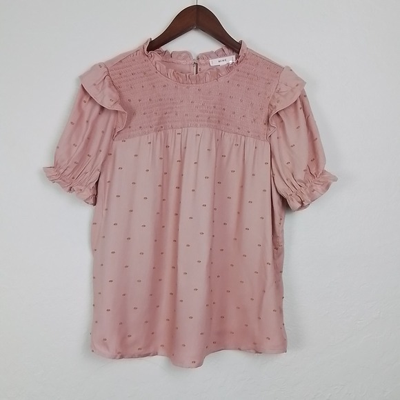 Anthropologie MINE Boho Smocked Ruffle‎ Puff Sleeve Blouse Pink Dot size L - Picture 2 of 13